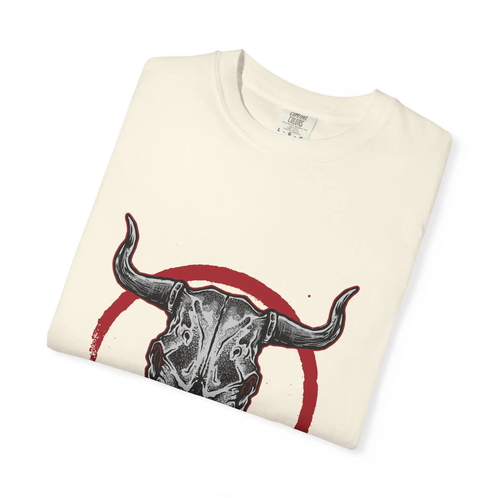 Intricate Bull Skull Design with Red Circle T-Shirt - Sinful Threads