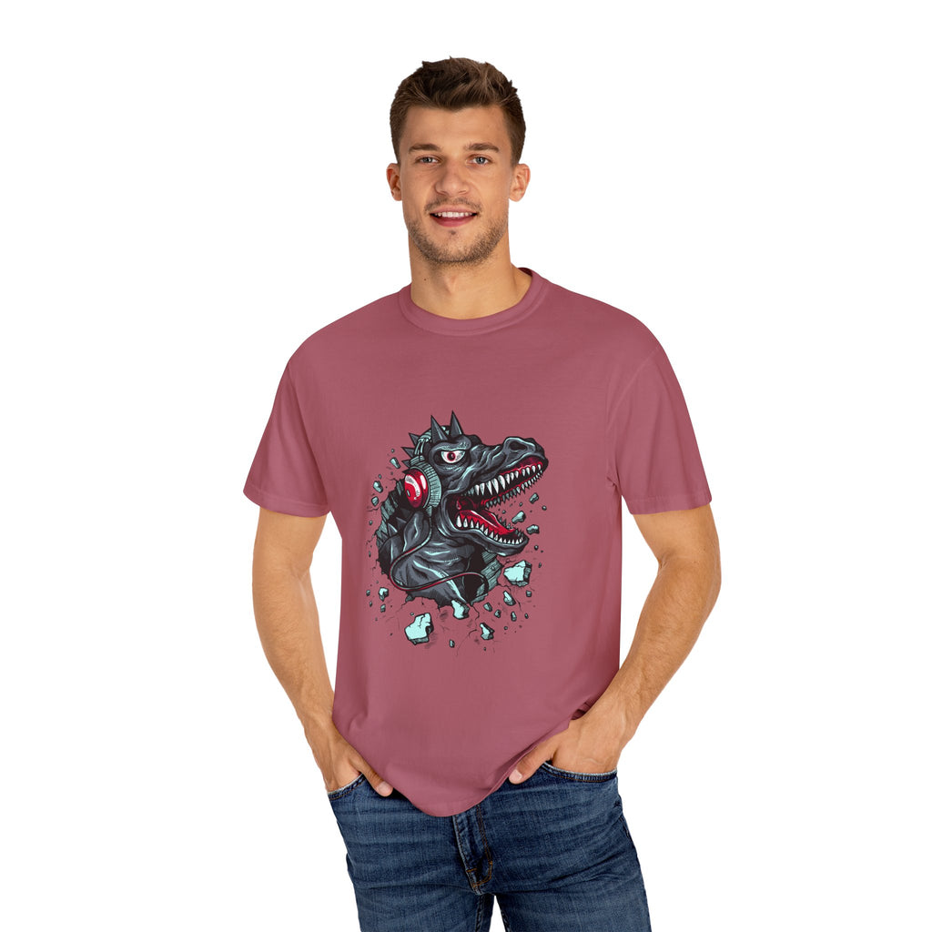 Dinosaur with Headphones Breaking Wall Graphic Design T-Shirt - Sinful Threads