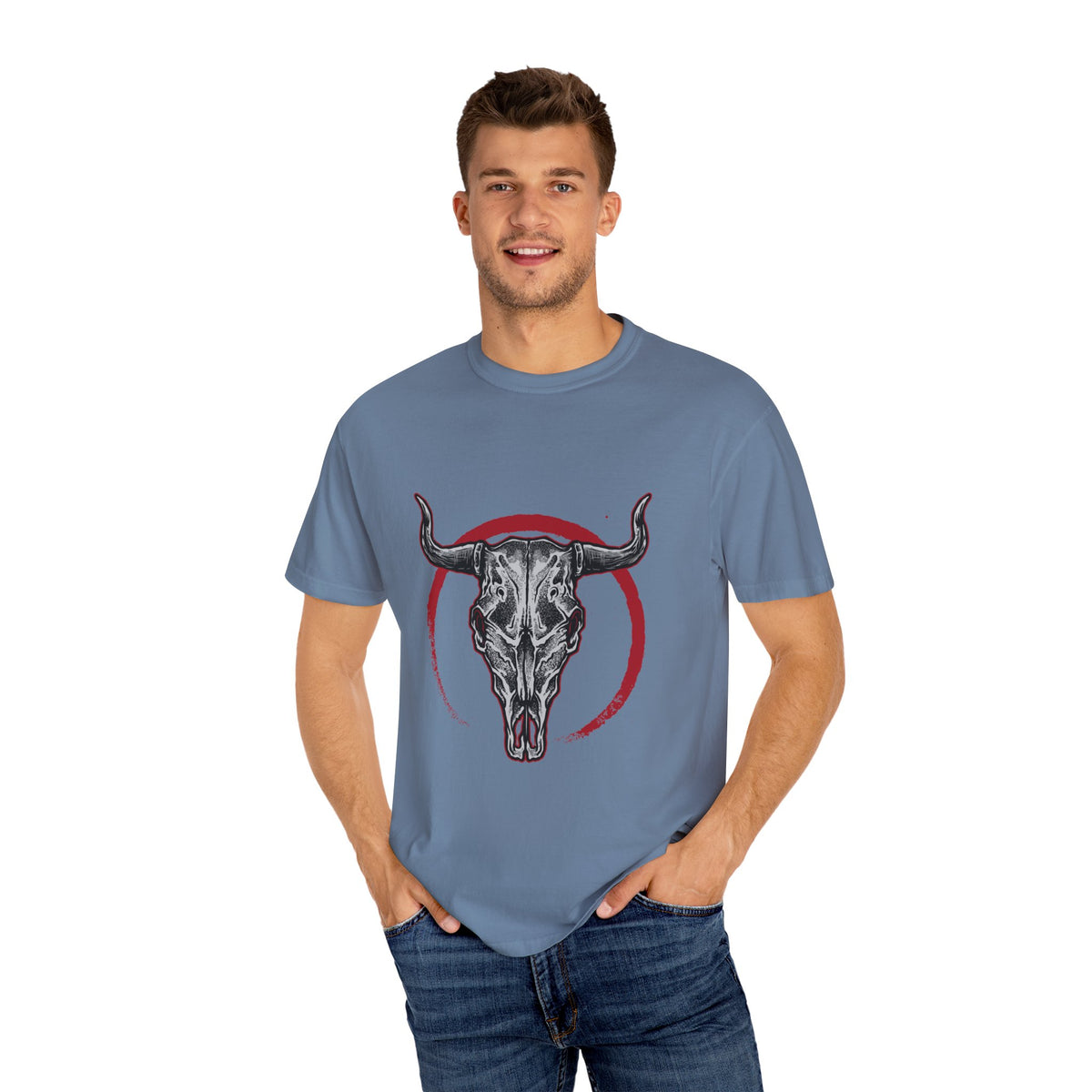 Intricate Bull Skull Design with Red Circle T-Shirt