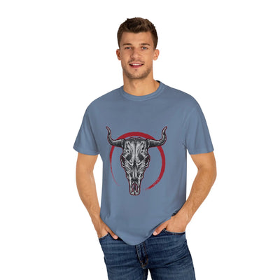 Intricate Bull Skull Design with Red Circle T-Shirt - Sinful Threads
