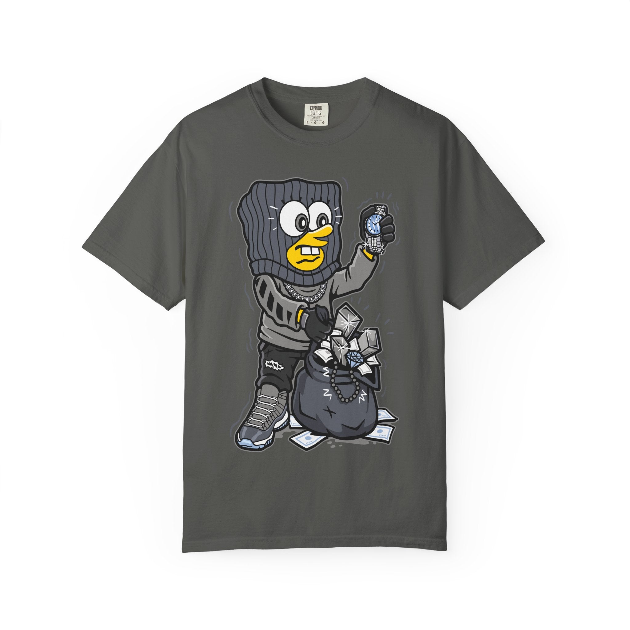 Cartoon Burglar Tee – Funny Diamond Loot Graphic Shirt - Sinful Threads