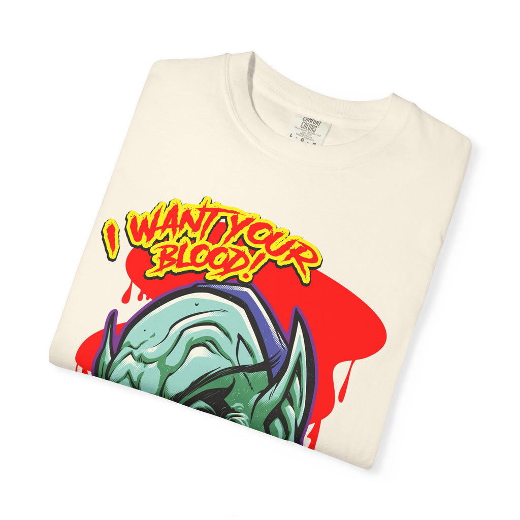 Dracula Cartoon Graphic Tee - I Want Blood Vampire Shirt - Sinful Threads