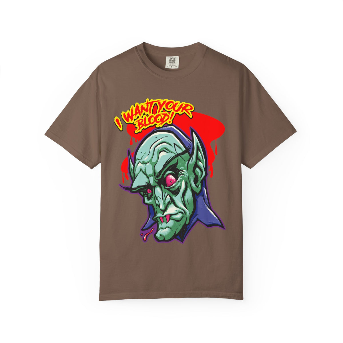 Dracula Cartoon Graphic Tee - I Want Blood Vampire Shirt