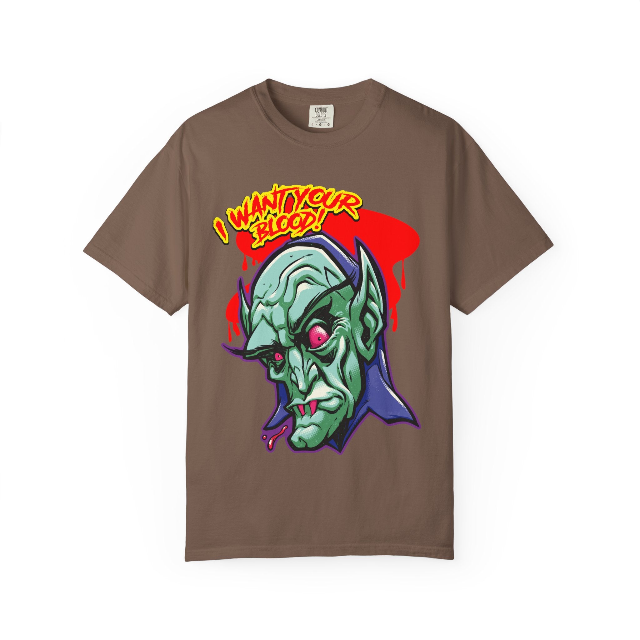Dracula Cartoon Graphic Tee - I Want Blood Vampire Shirt - Sinful Threads