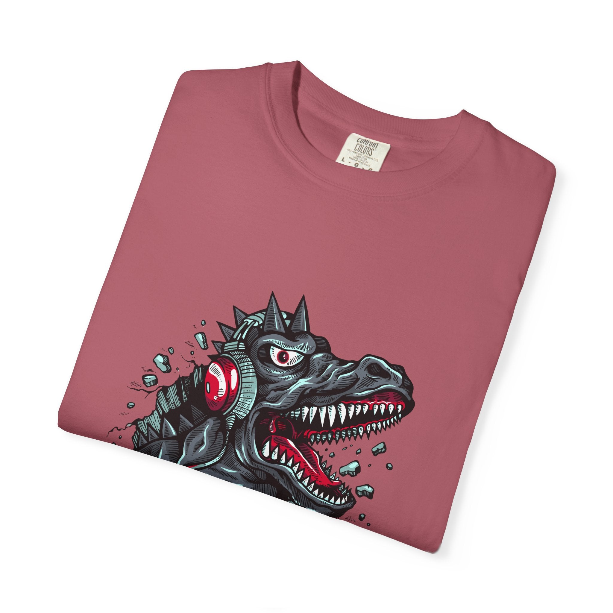 Dinosaur with Headphones Breaking Wall Graphic Design T-Shirt - Sinful Threads