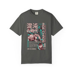 Gray t-shirt with graphic design featuring text and images on a white background