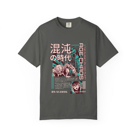 Gray t-shirt with graphic design featuring text and images on a white background