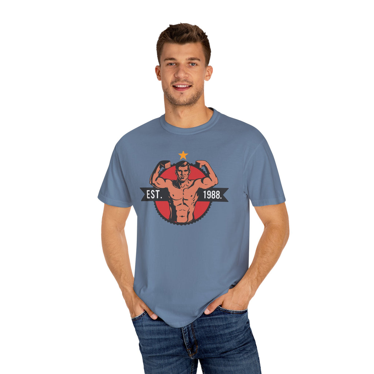 Vintage Bodybuilder Star Emblem Shirt - 1988 Retro Fitness Tee