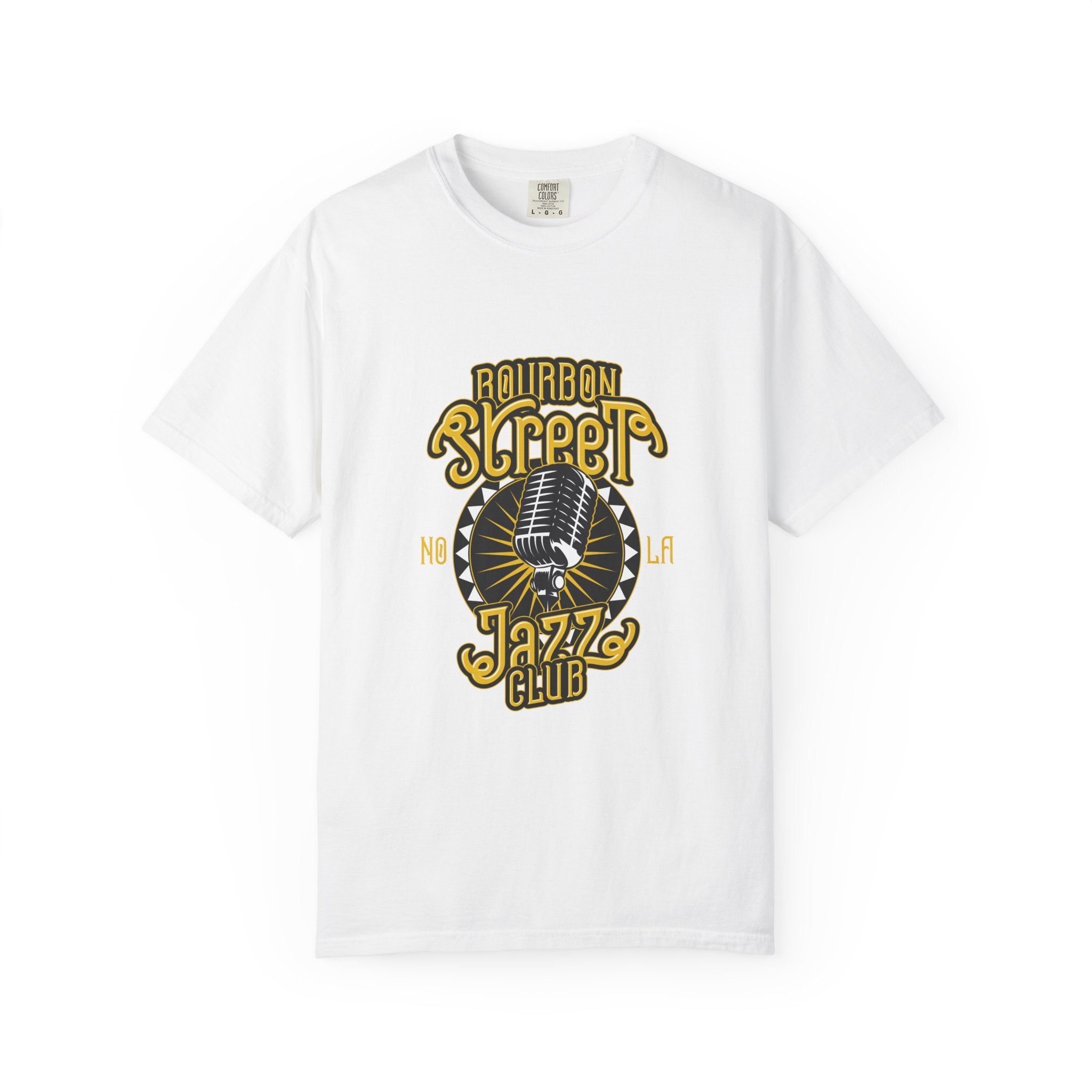 White t-shirt with a 'Jazz Club' graphic design on a white background