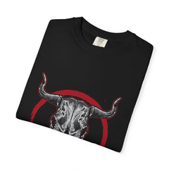 Intricate Bull Skull Design with Red Circle T-Shirt