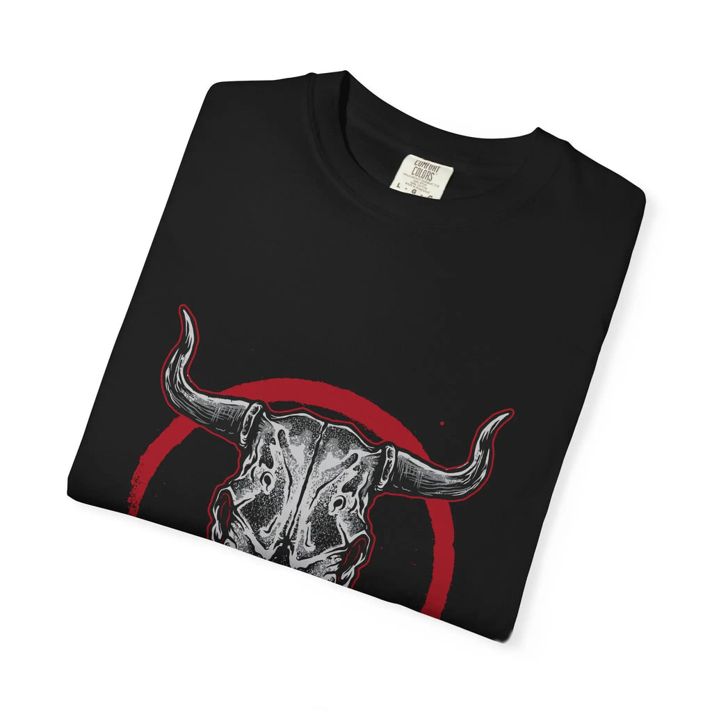 Intricate Bull Skull Design with Red Circle T-Shirt - Sinful Threads