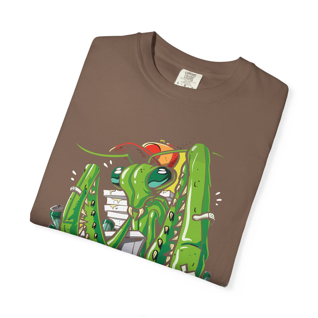Green Praying Mantis Pizza Tee - Fun Graphic Shirt Design - Sinful Threads