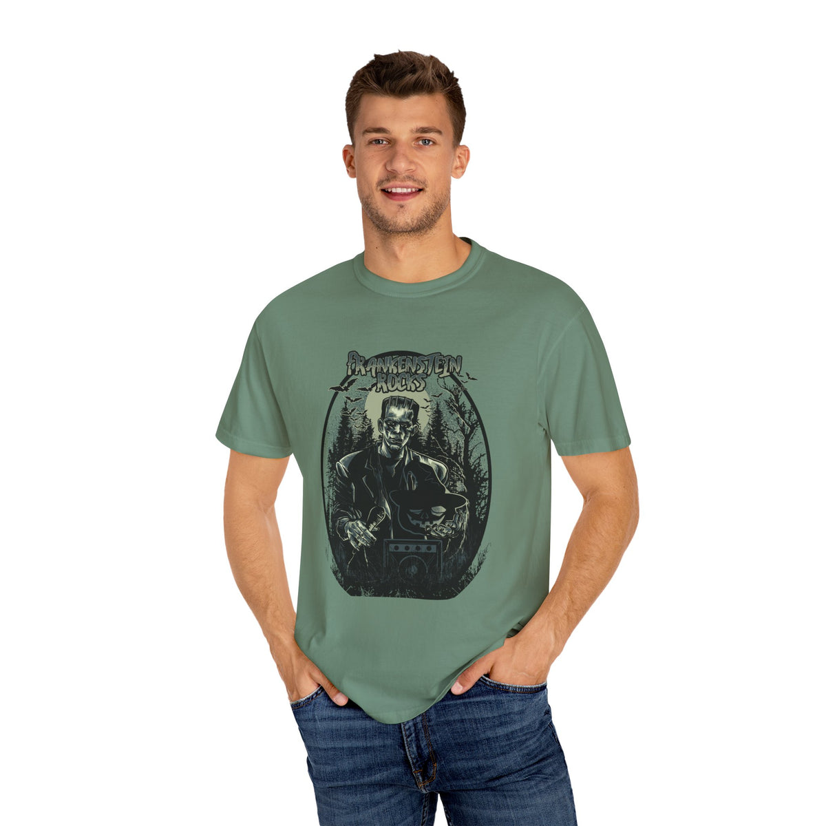 Frankenstein Rocks Halloween Graphic Novelty Design T-Shirt