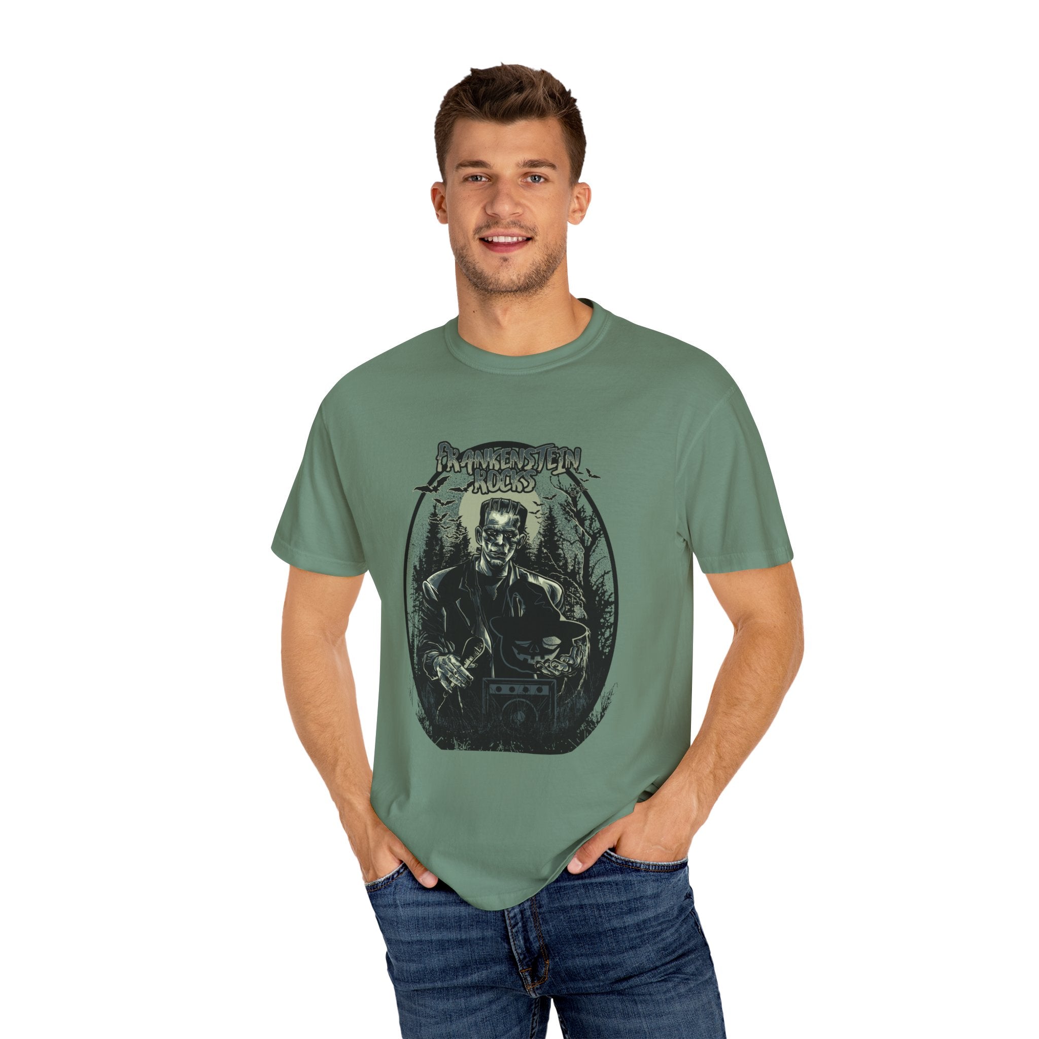 Frankenstein Rocks Halloween Graphic Novelty Design T-Shirt - Sinful Threads