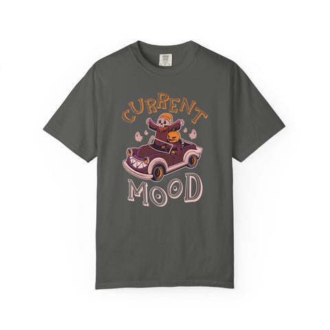 Gray t-shirt with a graphic of a skeleton driving a car and the text 'CURRENT MOOD' on a white background.