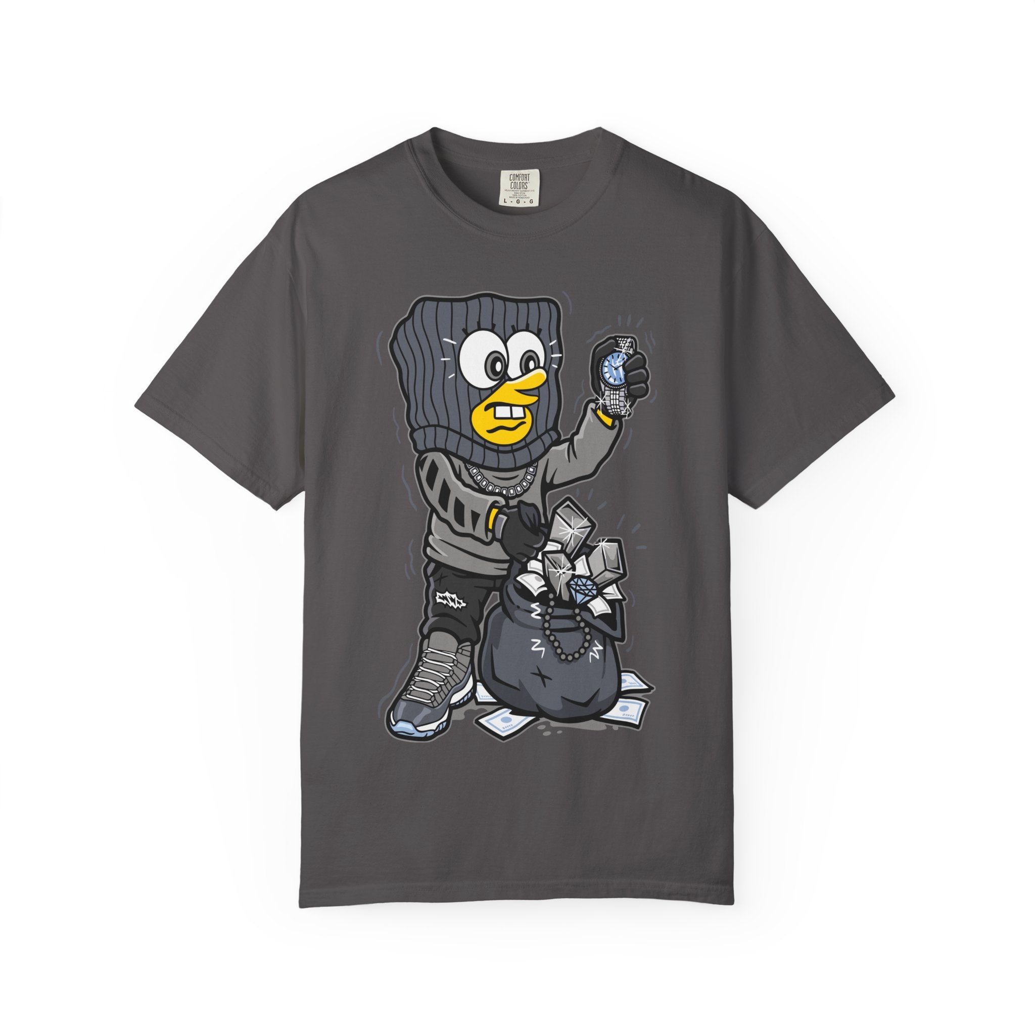 Cartoon Burglar Tee – Funny Diamond Loot Graphic Shirt - Sinful Threads