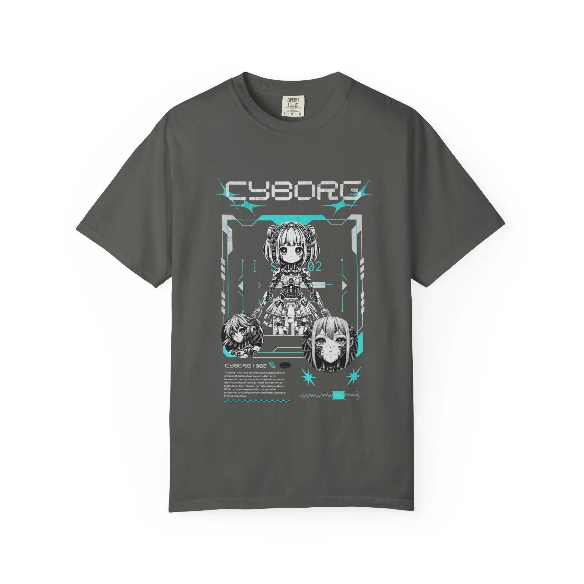 Gray t-shirt with anime character and 'CYBORG' text on a white background