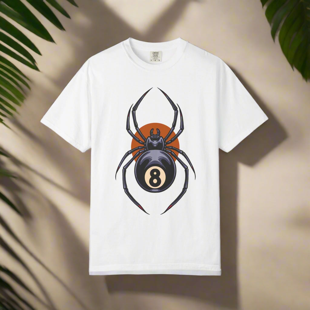 White t-shirt with a spider graphic featuring an eight-ball design on a white background