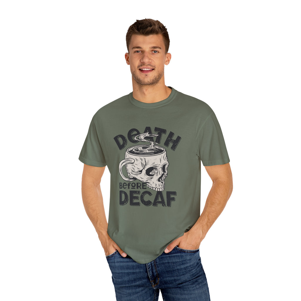 Coffee Skull Shirt - Death Before Decaf - Funny Caffeine Gift - Sinful Threads