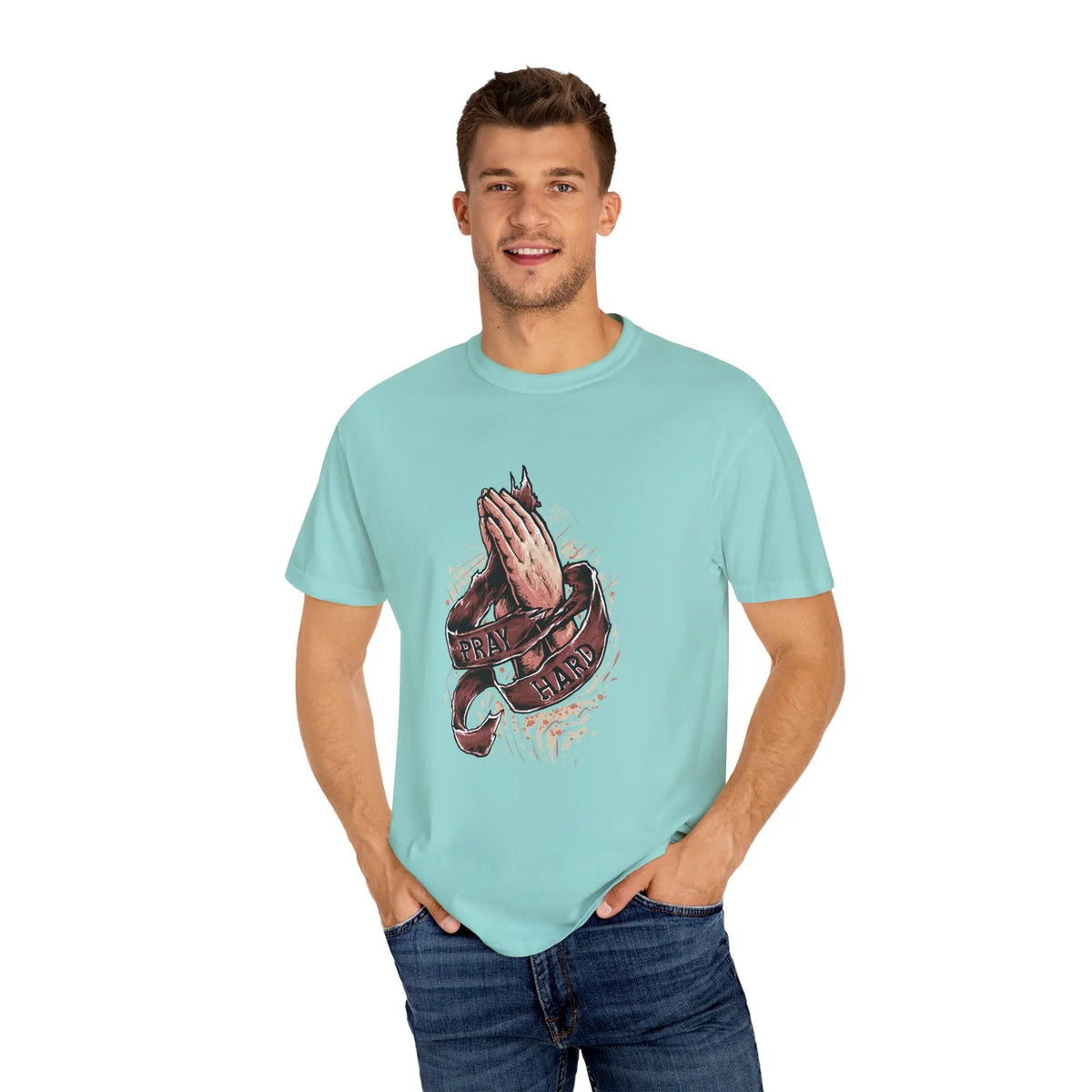 Pray Hard Hands With Ribbon Graphic Religious Art T-Shirt - Sinful Threads