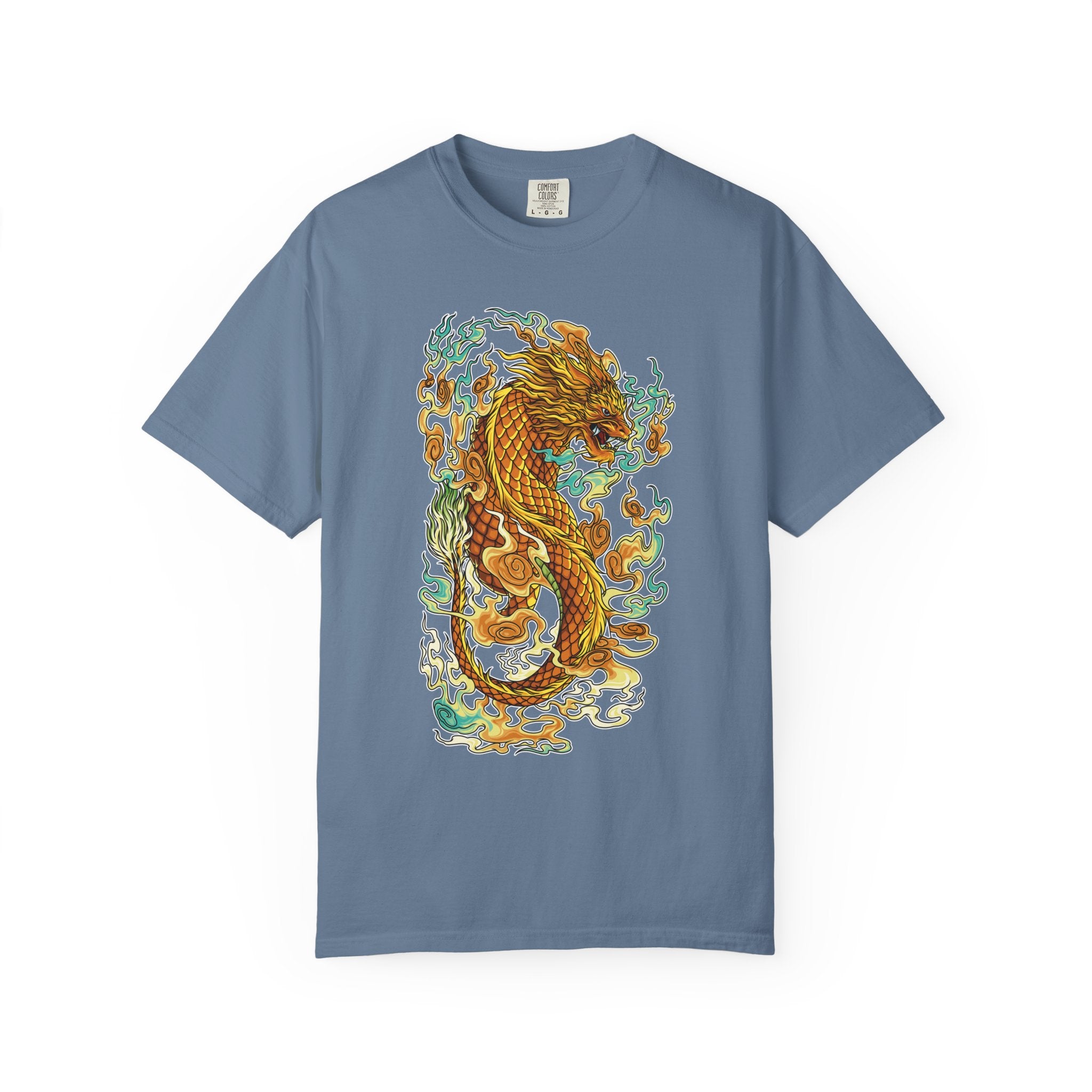 Blue t-shirt with a colorful dragon design on a white background