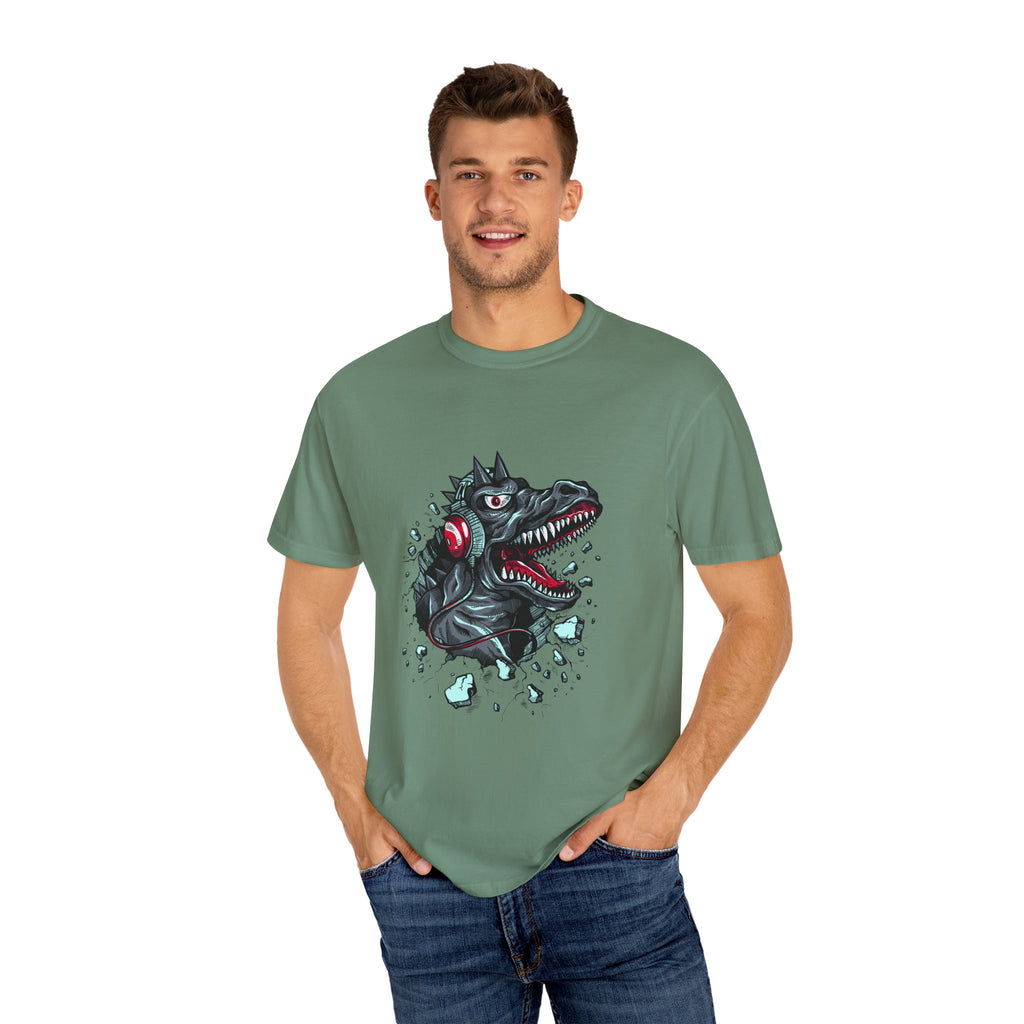 Dinosaur with Headphones Breaking Wall Graphic Design T-Shirt - Sinful Threads