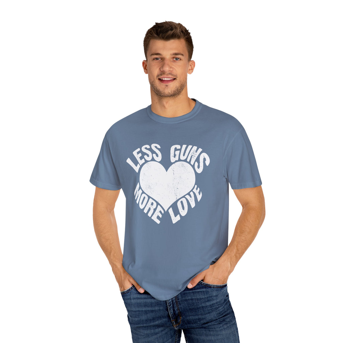 Less Guns More Love Heart Shaped Message Art T-Shirt - Sinful Threads