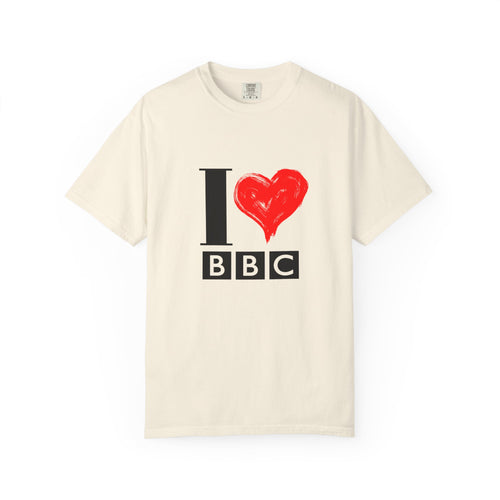 Beige t-shirt with 'I ❤️ BBC' design on a white background