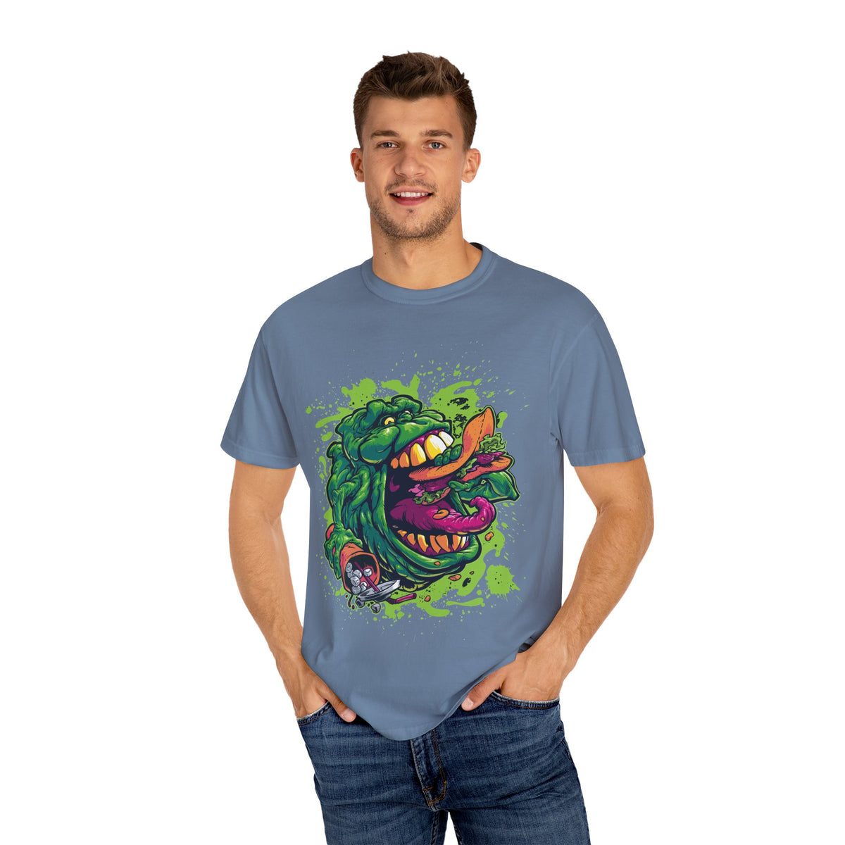 Green Slimy Ghost Tee – 80s Movie Fan Shirt with Humor