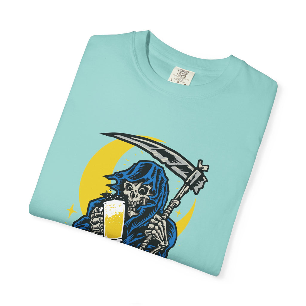 Death Drinks Beer Under The Moon Funny Graphic T-Shirt - Sinful Threads
