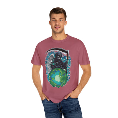 Grim Reaper Tee – Blue Flames Skull Gothic Death Shirt - Sinful Threads