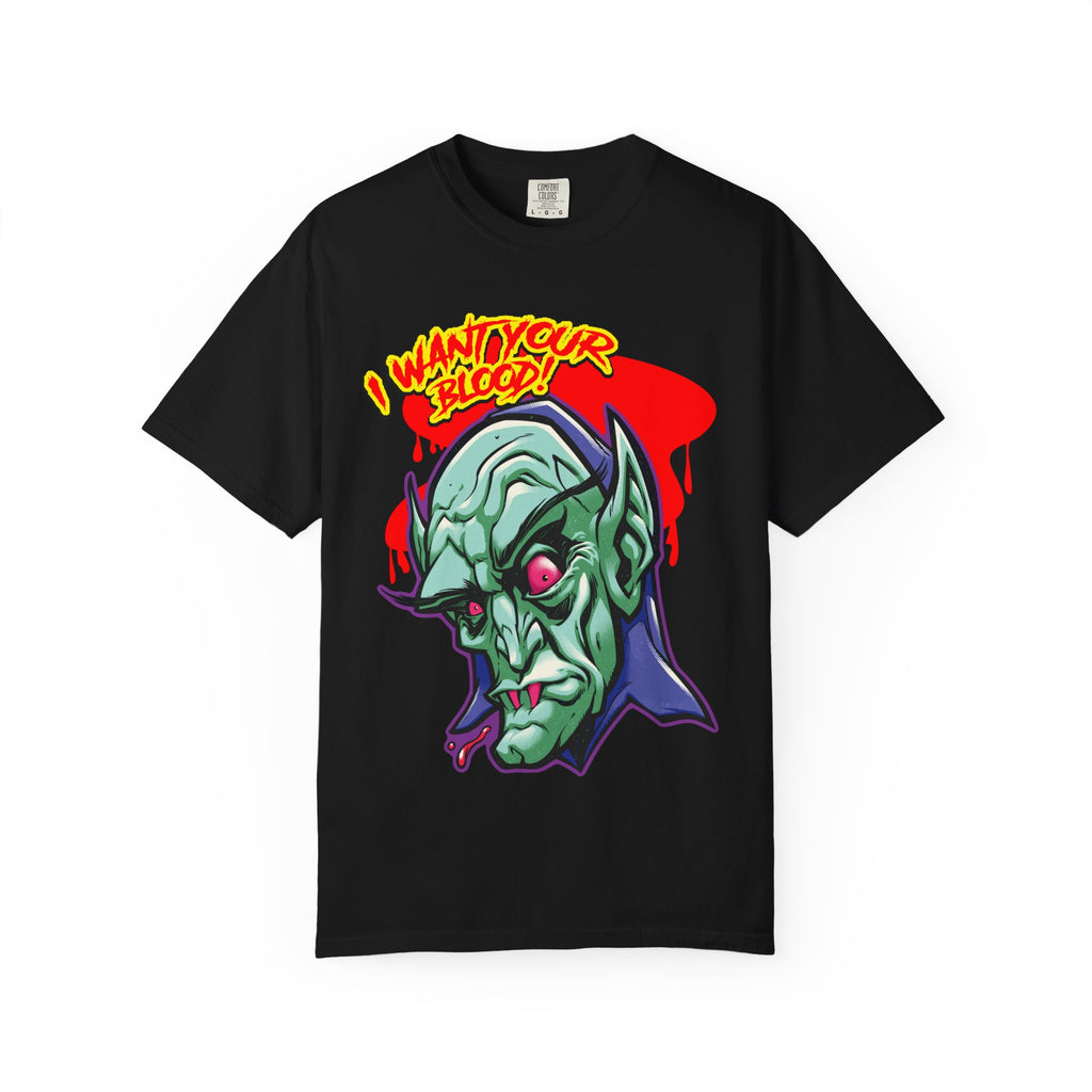 Dracula Cartoon Graphic Tee - I Want Blood Vampire Shirt - Sinful Threads