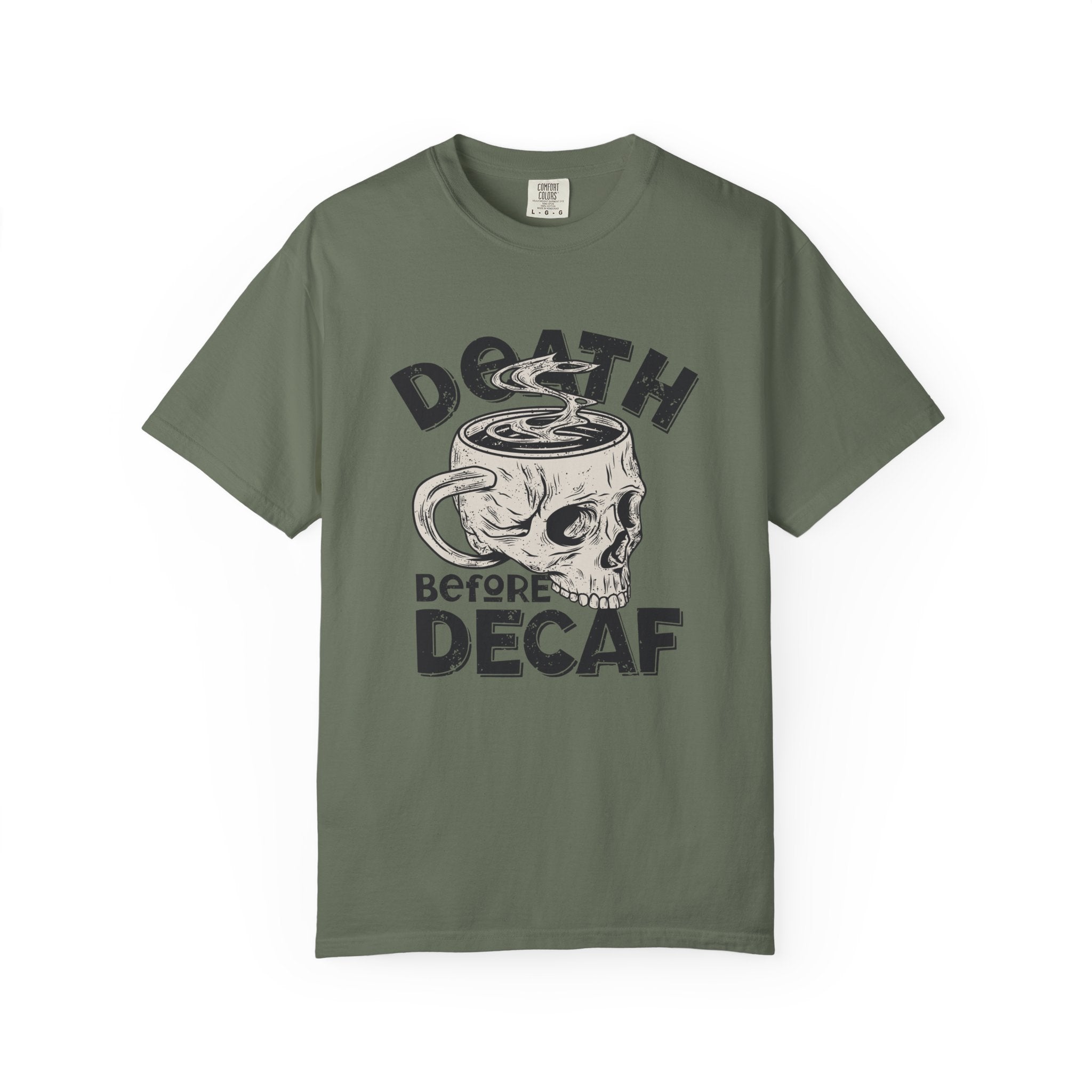 Coffee Skull Shirt - Death Before Decaf - Funny Caffeine Gift - Sinful Threads