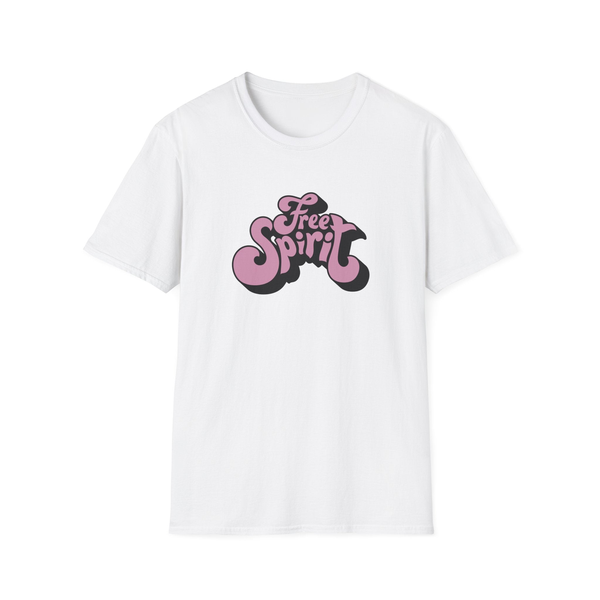 White t-shirt with 'Free Spirit' text in pink and black on a white background