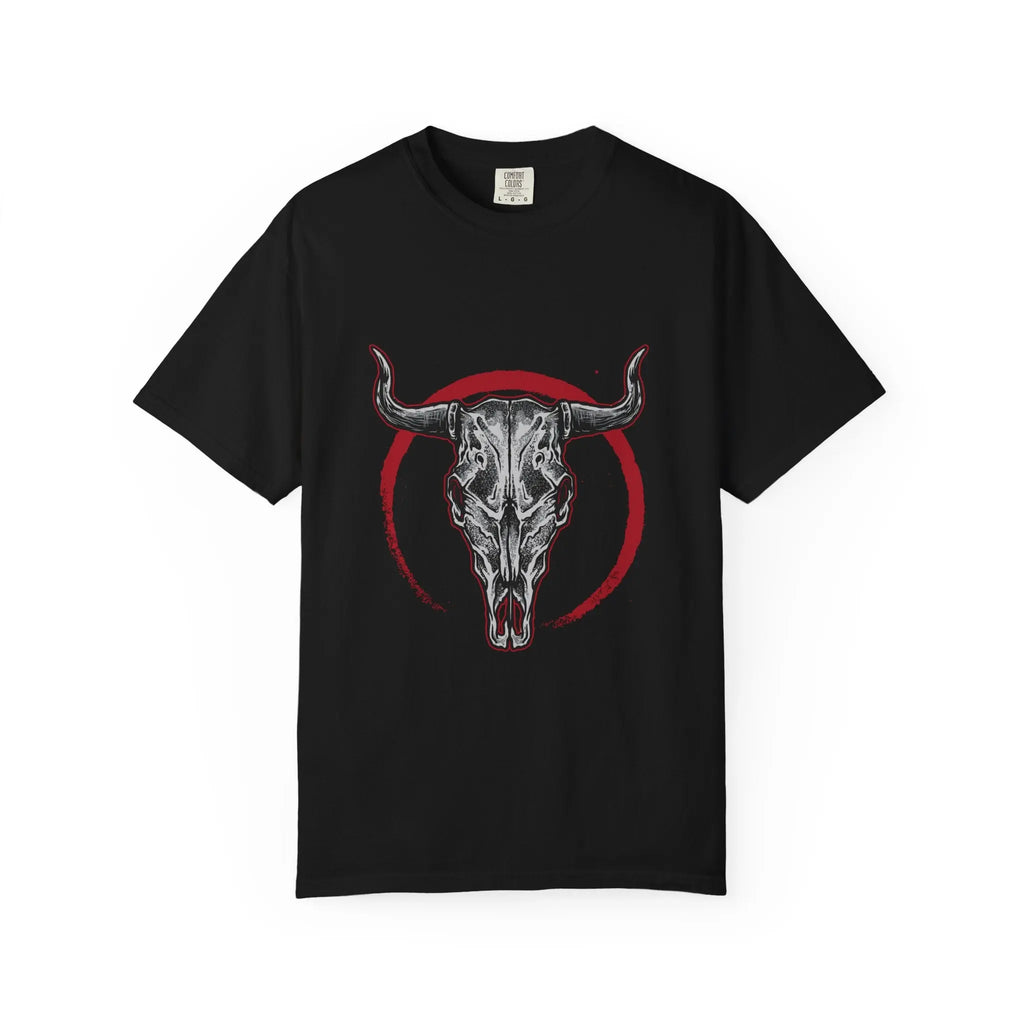Intricate Bull Skull Design with Red Circle T-Shirt - Sinful Threads