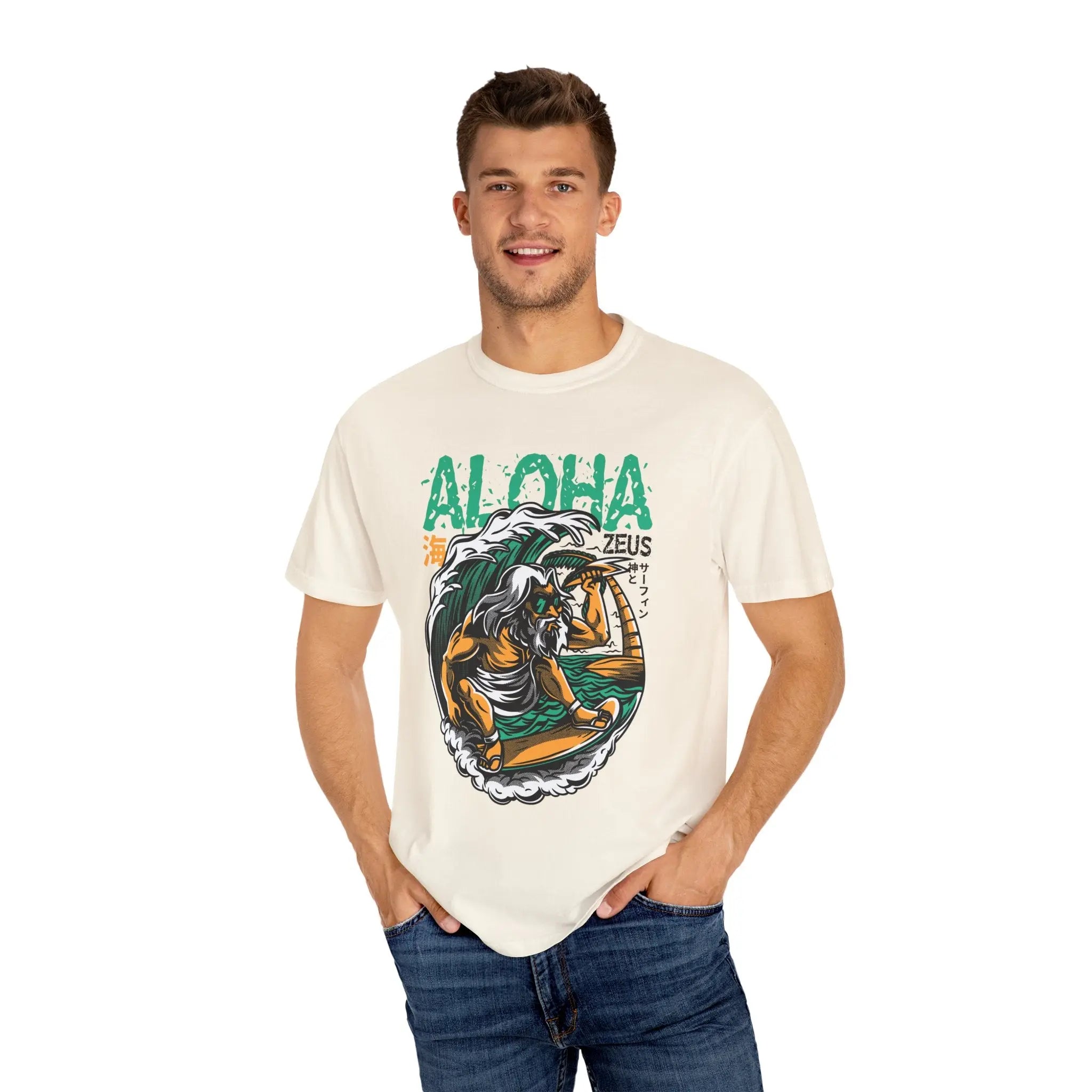 Zeus Surfing Illustration Graphic Design Aloha Text T-Shirt - Sinful Threads