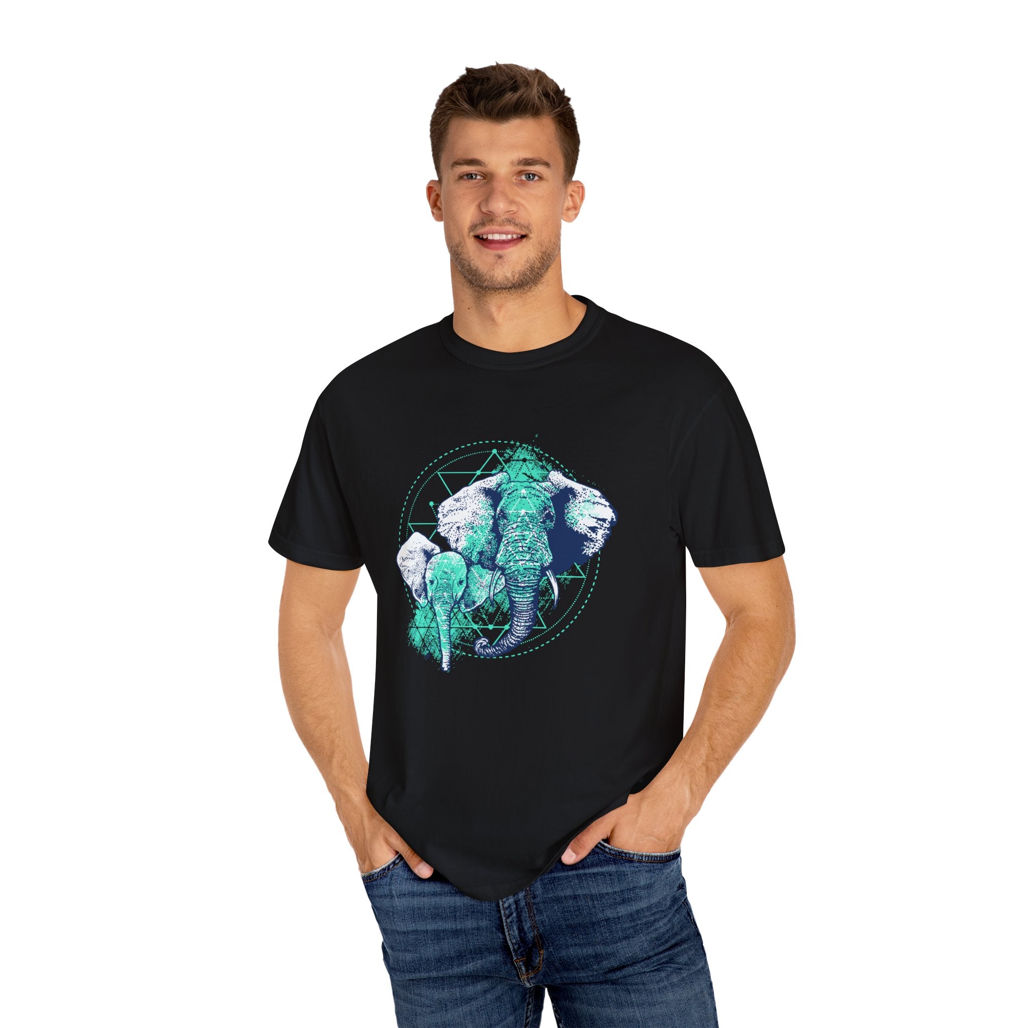 Graphic Mother And Baby Elephant Teal Blue Print T-Shirt - Sinful Threads