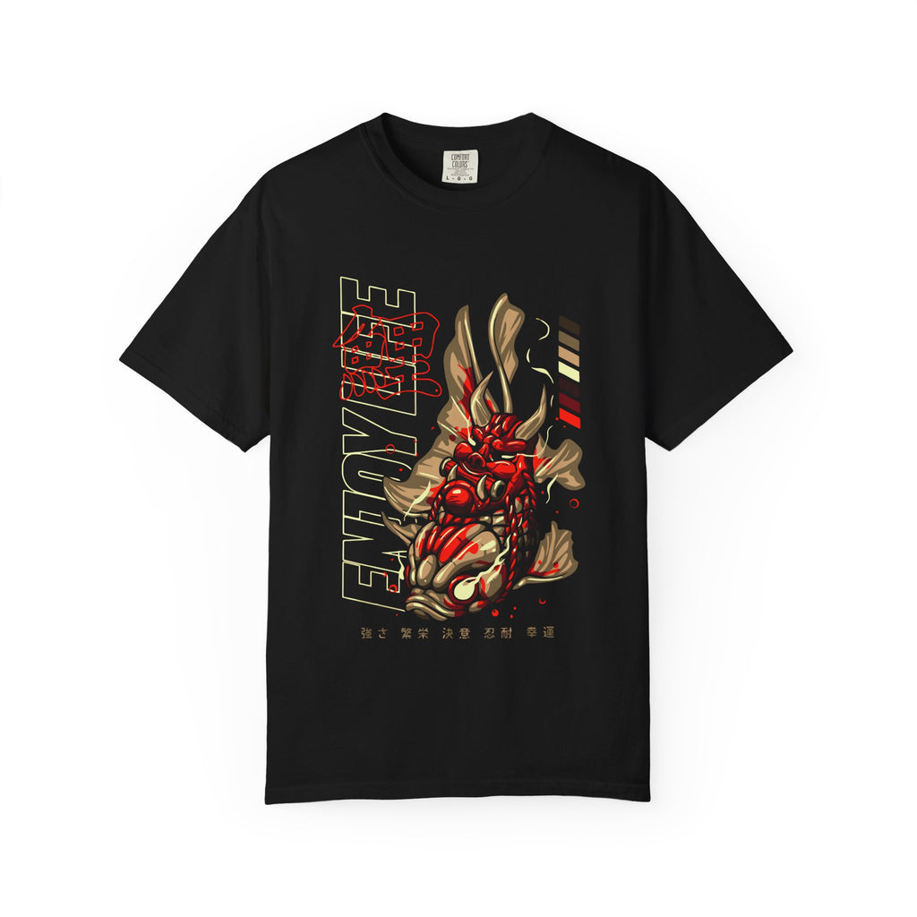 Black t-shirt with a red and gold dragon design on a white background