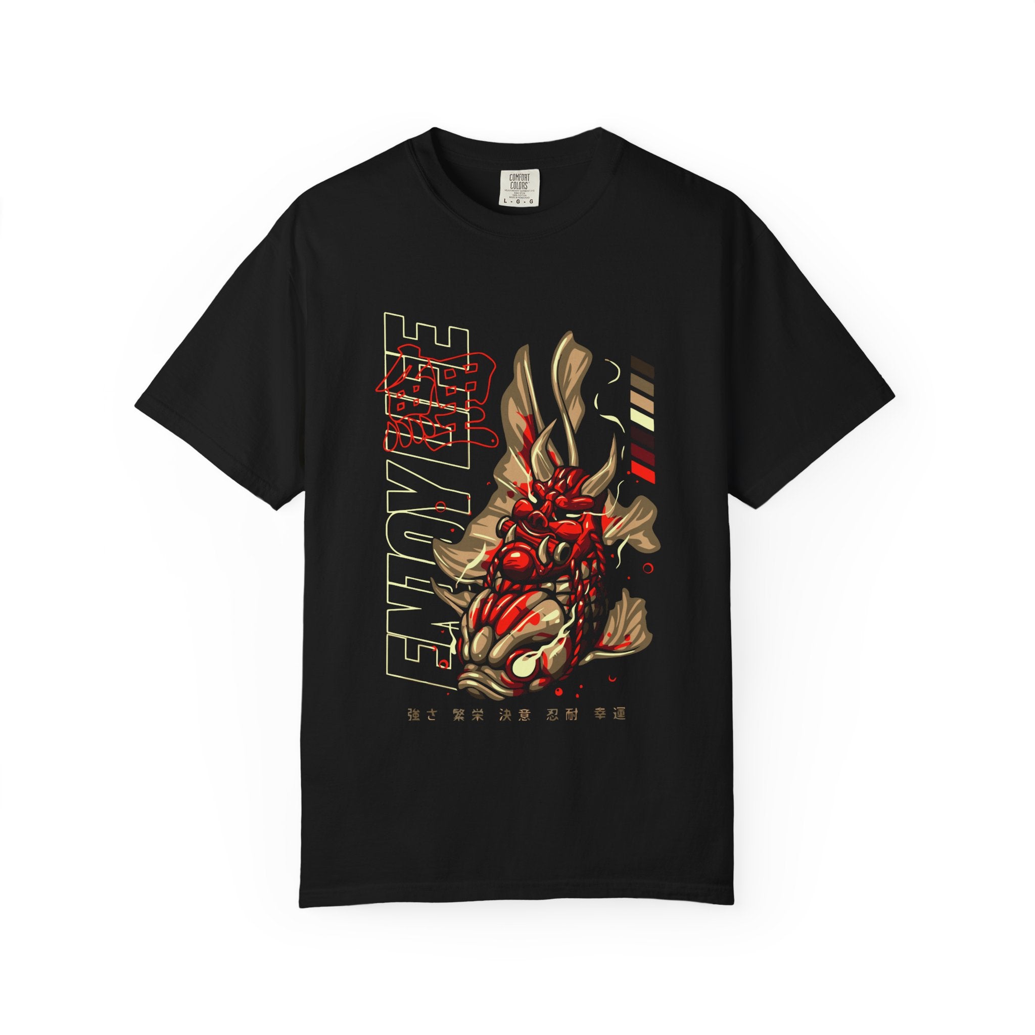 Black t-shirt with a red and gold dragon design on a white background
