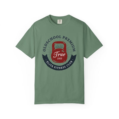 Green t-shirt with a red and blue graphic on a white background