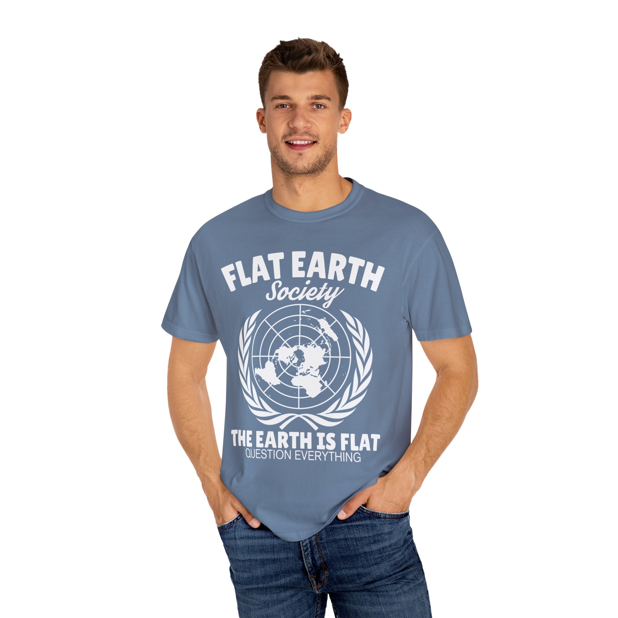 Flat Earth Society Question Everything Funny Design T-Shirt - Sinful Threads