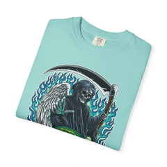 Grim Reaper Tee – Blue Flames Skull Gothic Death Shirt