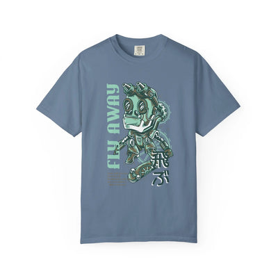 Fly Away Steampunk Robot With Japanese Text Design T-Shirt - Sinful Threads