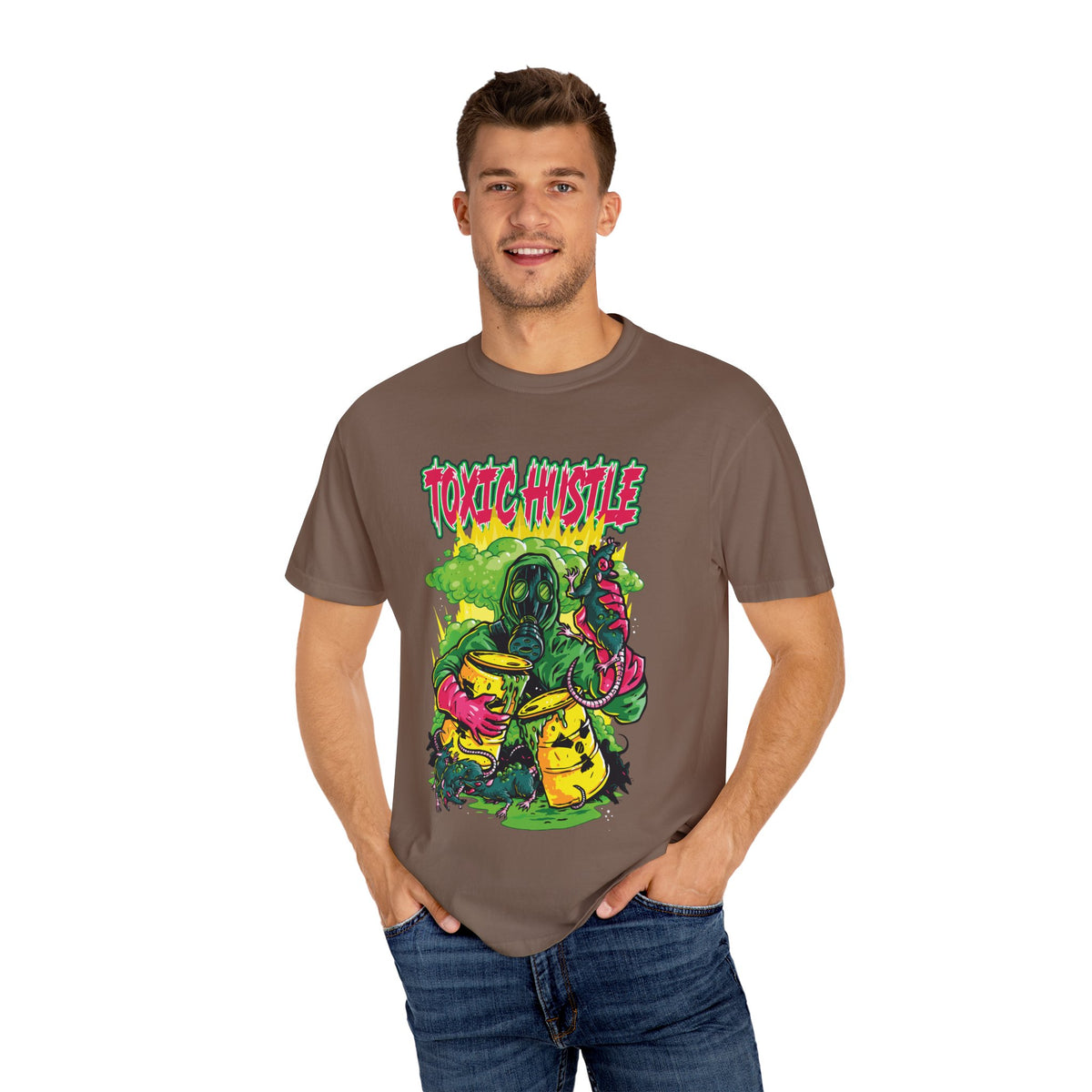 Toxic Hustle Hazmat Gas Mask Biohazard Tee - Survival Horror Shirt