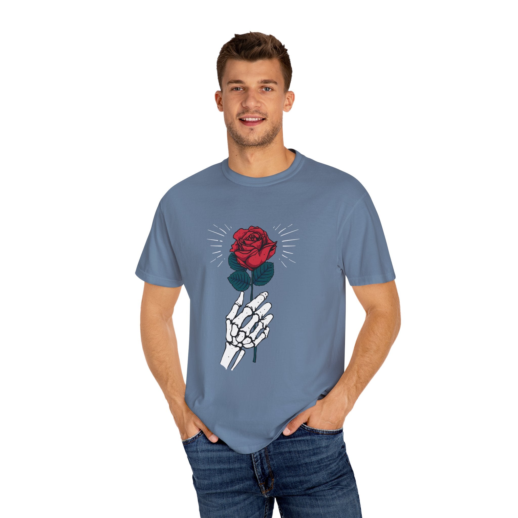Red Rose In a Skeletal Hand Unique Graphic T-Shirt - Sinful Threads