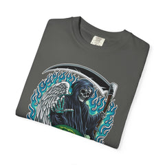 Grim Reaper Tee – Blue Flames Skull Gothic Death Shirt