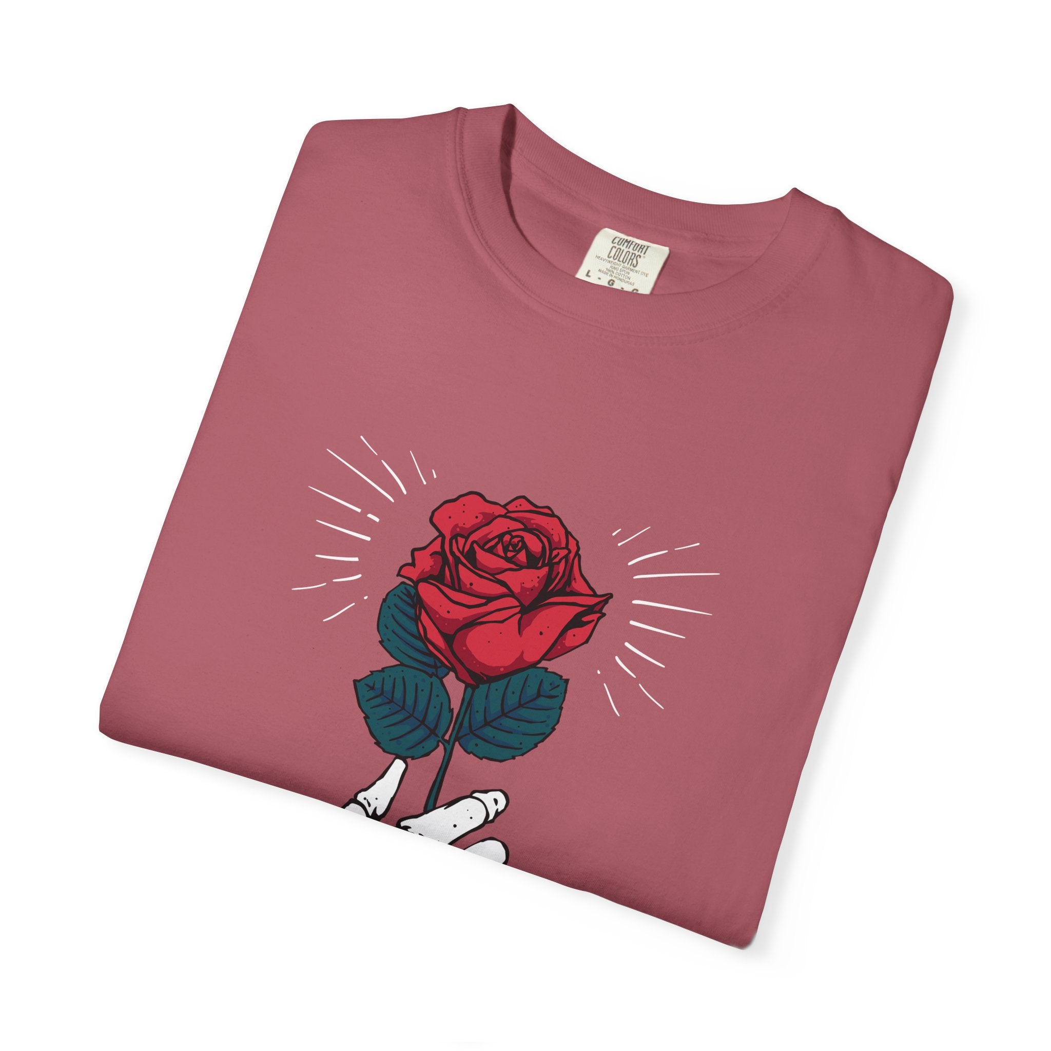 Red Rose In a Skeletal Hand Unique Graphic T-Shirt - Sinful Threads