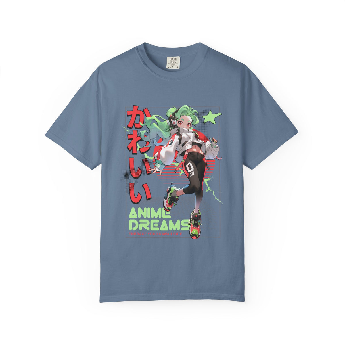Blue t-shirt with anime character and text on a white background