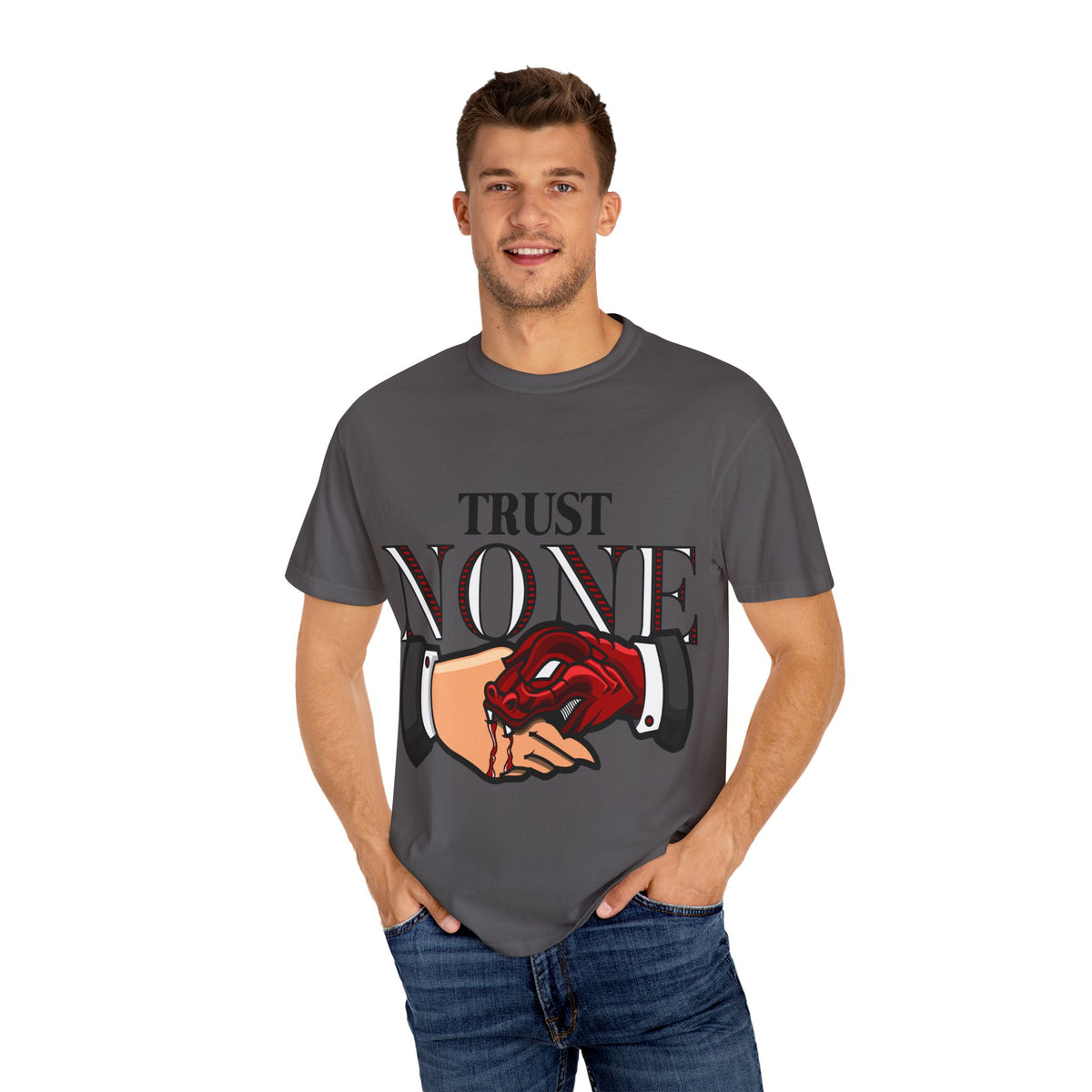 Trust None Tee – Snake Handshake Dark Streetwear