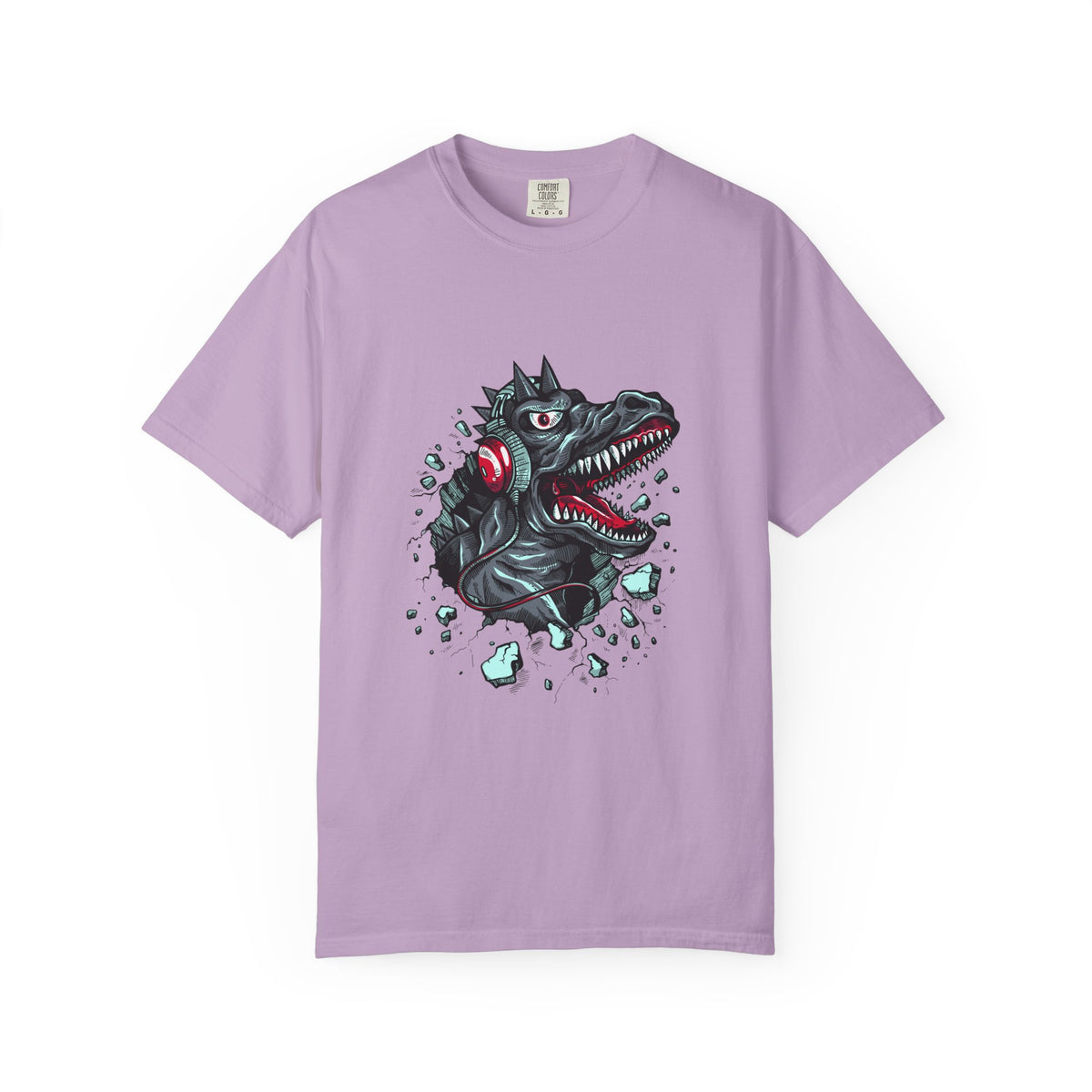 Dinosaur with Headphones Breaking Wall Graphic Design T-Shirt - Sinful Threads
